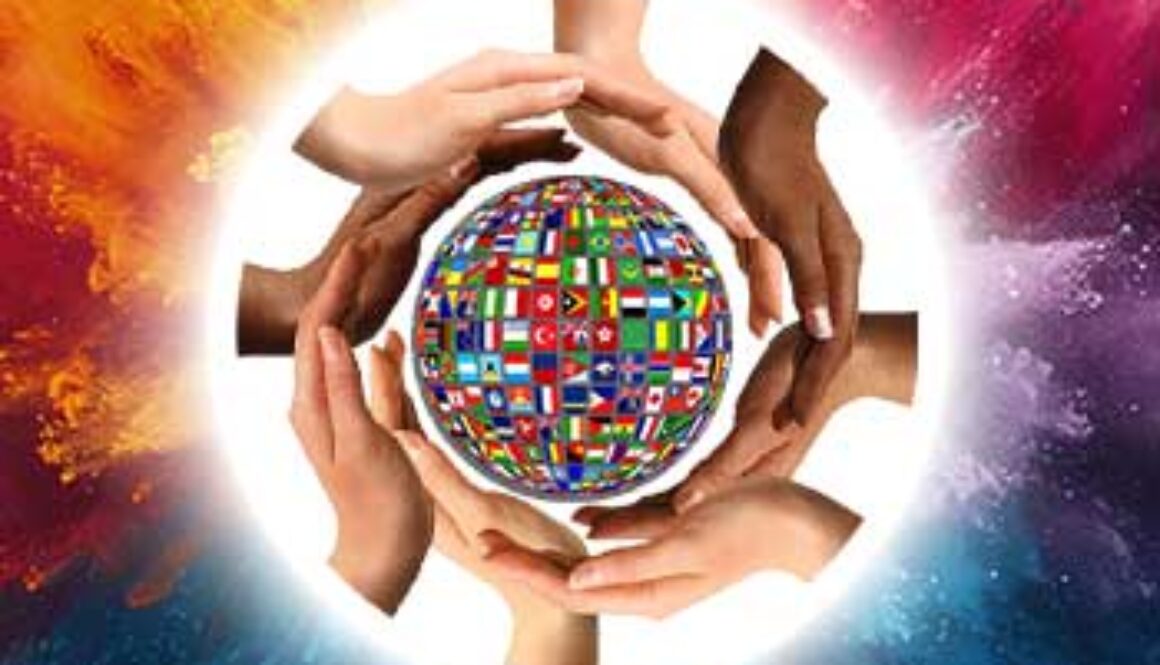 image of hands surrounding a globe covered in country flags