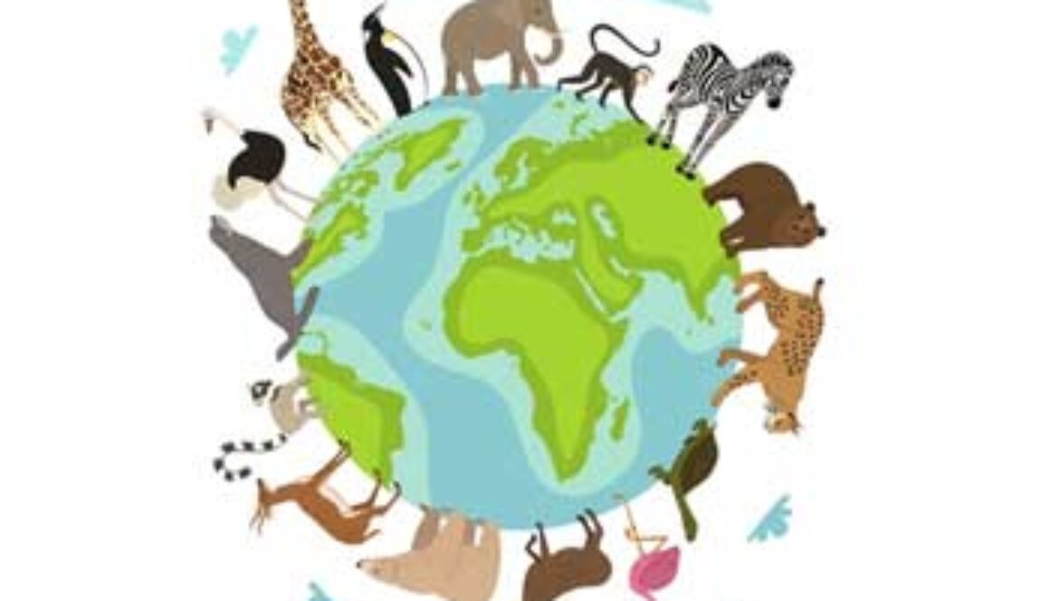 Illustration of different animals surrounding the globe