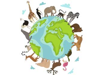 Illustration of different animals surrounding the globe
