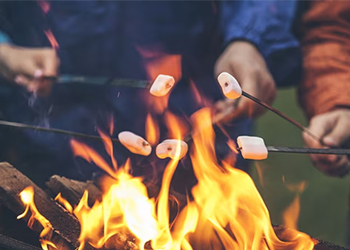 hands roasting marshmallows over a campfire