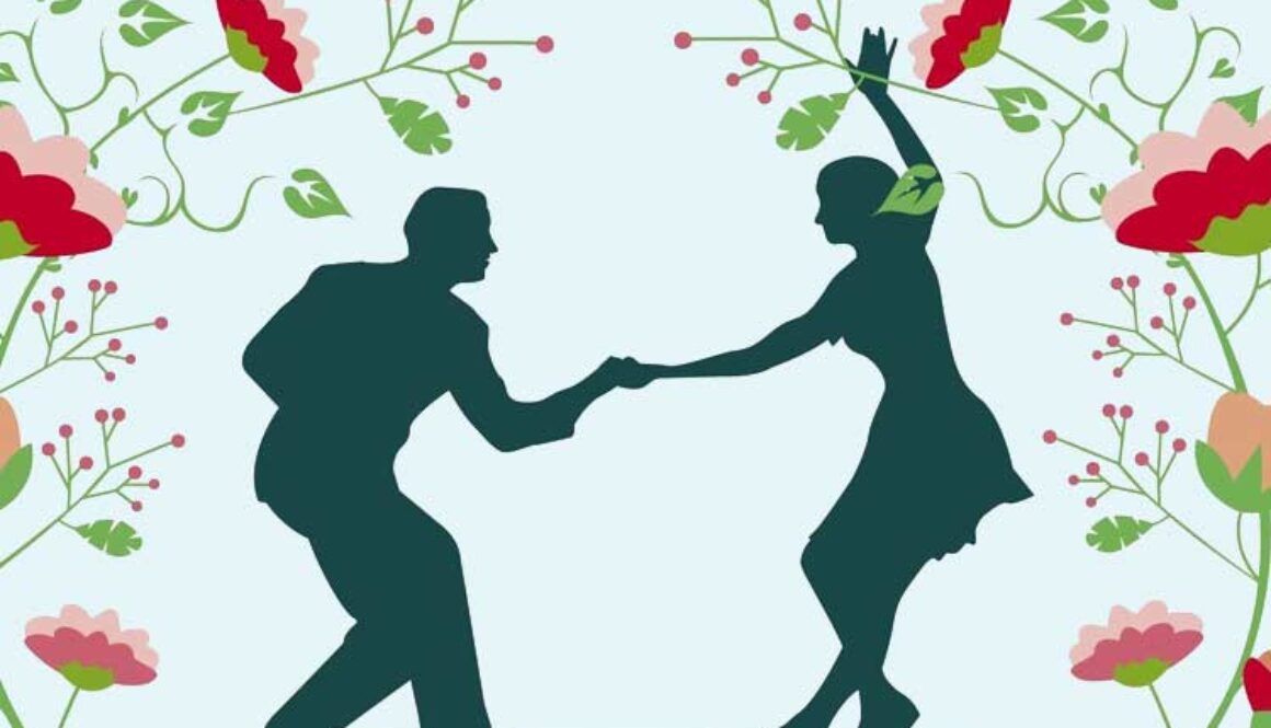 drawing of two people dancing surrounded by flowers