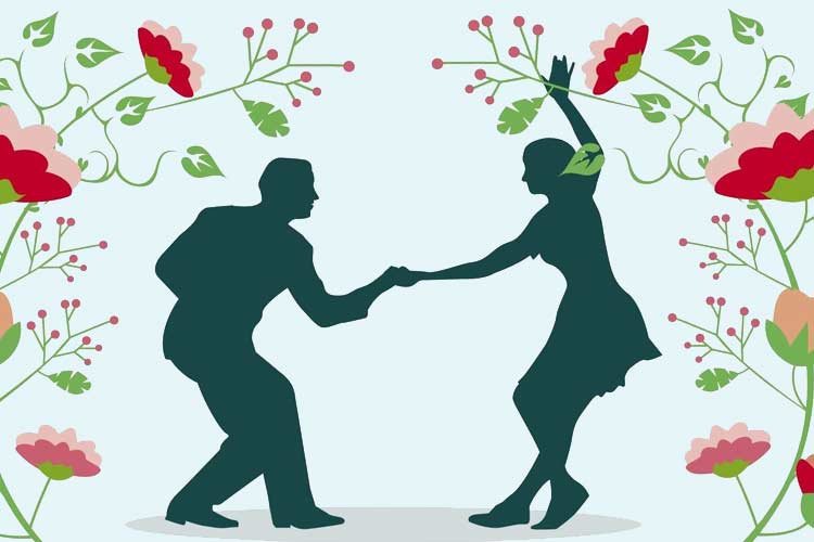 drawing of two people dancing surrounded by flowers