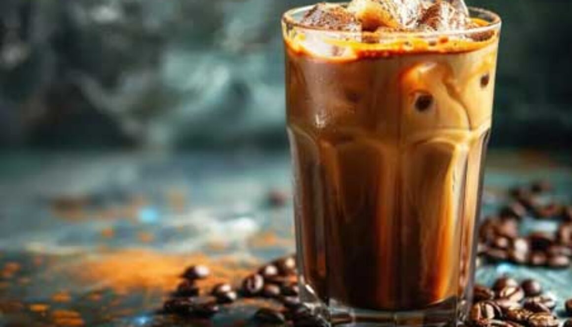 image of iced coffee surrounded by coffee beans