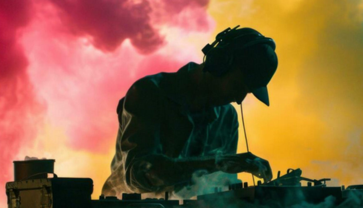 DJ playing music with colorful cloud background