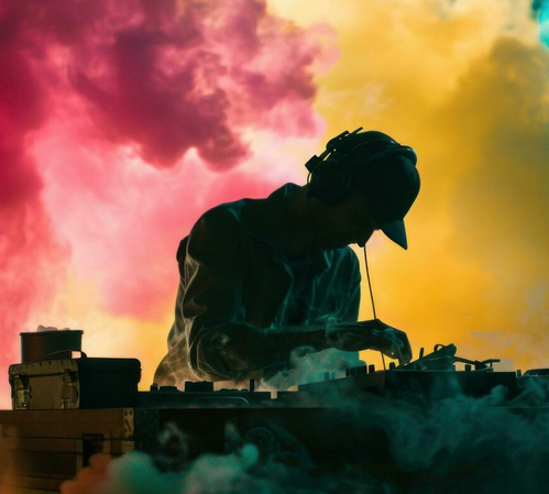 DJ playing music with colorful cloud background