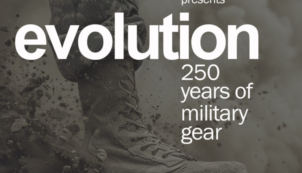 image of army boot crashing into dirt kicking up dust and chucks of dirt with word "evolution" overprinted