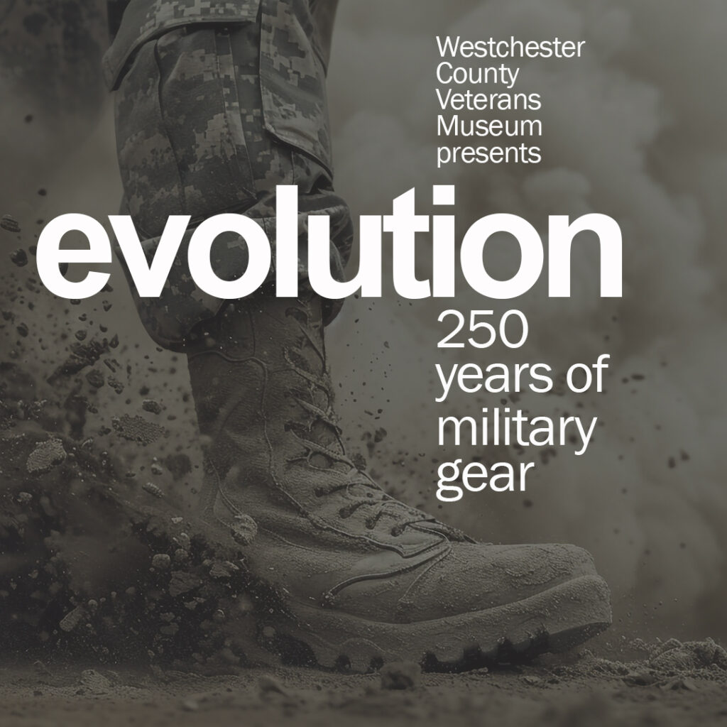 image of army boot crashing into dirt kicking up dust and chucks of dirt with word "evolution" overprinted