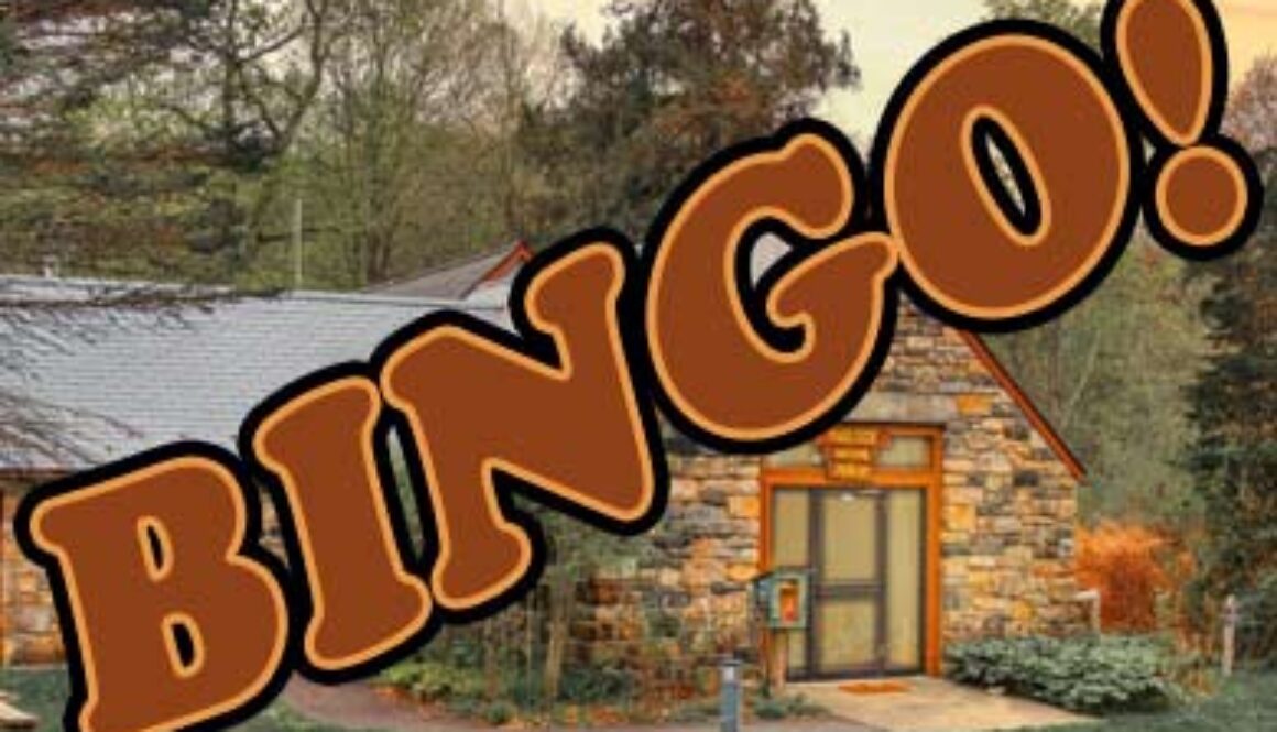 Entrance of Trailside Nature Center with word Bingo superimposed