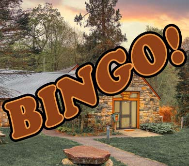 Entrance of Trailside Nature Center with word Bingo superimposed