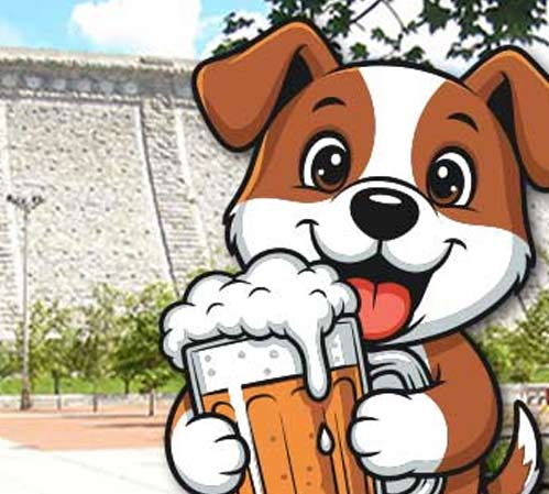 Cartoon image of dog holding pint of beer with kensico dam in background