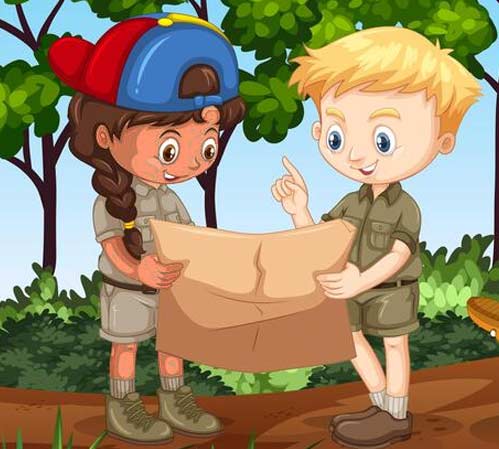 two cartoon kids look at map in woods